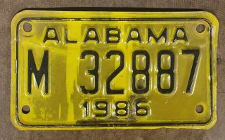 Vintage Alabama 1986 Yellow Motorcycle License Plate/tag - M 32887 Embossed