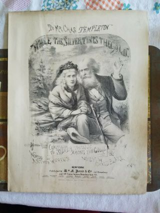 Vintage 1874 " While The Silver Tints The Gold " Sheet Music Large Format Antique