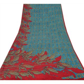 Sanskriti Vintage Blue Saree 100 Pure Crepe Silk Fabric Printed Sari Craft 2