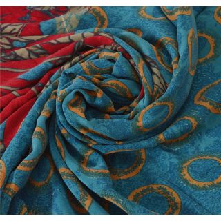 Sanskriti Vintage Blue Saree 100 Pure Crepe Silk Fabric Printed Sari Craft 3