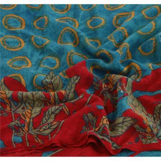 Sanskriti Vintage Blue Saree 100 Pure Crepe Silk Fabric Printed Sari Craft 5
