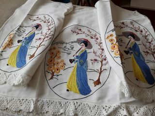 Vintage Hand Embroidered Japanese Lady Geisha 3 Chair Backs Lace Trim