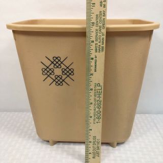 Vintage Small Wastebasket Plastic Tan Geometric Black Design Trash Can 10 "