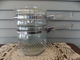 Vintage Pyrex Flameware Glass Double Boiler Pot Stainless Band & Lid