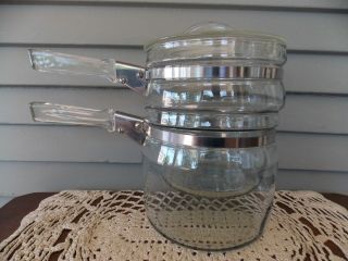 Vintage Pyrex Flameware Glass Double Boiler Pot Stainless Band & Lid 3
