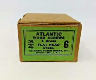 Vintage Atlantic Wood Screws 3/4 " By 6 1 Gross Flat Head Steel W/ Box 139 Count
