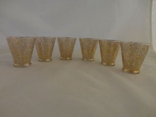 Vintage Set Of 6 Mcm Gold And White Speckled W/gold Rim Juice Glasses (427)