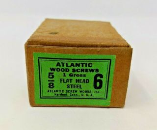 Vintage Atlantic Wood Screws 5/8 " By 6 1 Gross Flat Head Steel W/ Box 134 Count
