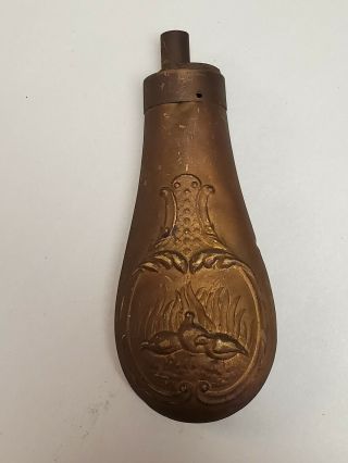 Vintage Antique Brass Metal Gun Powder Horn Flask Deer Decorative Case