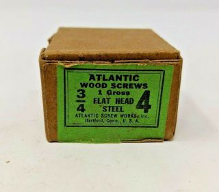 Vintage Atlantic Wood Screws 3/4 " By 4 1 Gross Flat Head Steel W/ Box 134 Count