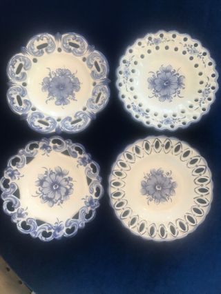Set Of Four Vintage Blue And White Decorative Reticulated Plates,  Portugal