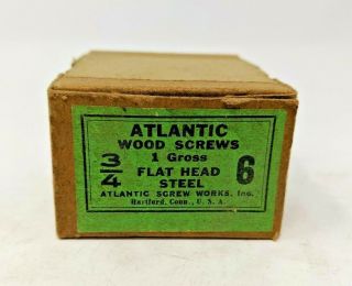 Vintage Atlantic Wood Screws 3/4 " By 6 1 Gross Flat Head Steel W/ Box 113 Count