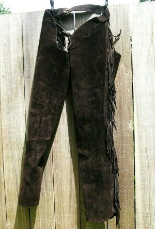 Vintage Barnstable Suede Leather Fringed Horse Riding Chaps Womens M Made In Usa