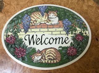 Vintage Santa Barbara Ceramic Design Welcome Tile Plaque Cats & Flowers 1992