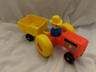Vintage Fisher Price Little People Farm Tractor W/ Cart And Driver Figure