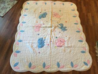 C1950 Vintage Handmade Hand Quilted Baby Child’s Quilt Appliqué Animals Elephant