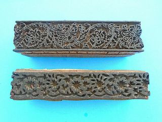 2 Vintage Floral Hand Carved Indian Textile Blocks Wood Printing Pottery Stamps