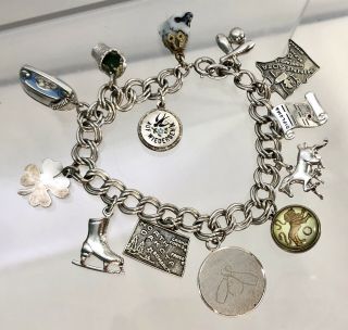 Loaded Vintage Sterling Silver Charm Bracelet With 13 Charms 7 Inches