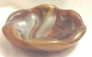Slag Glass Ashtray Brown White Caramel Swirls Marbled Very Heavy 7 - 1/4 " Vintage