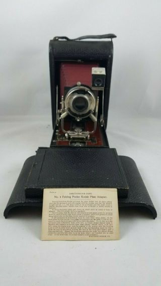 Kodak No.  4 Folding Pocket Kodak Camera (red Bellows) With Glass Plate Adapter