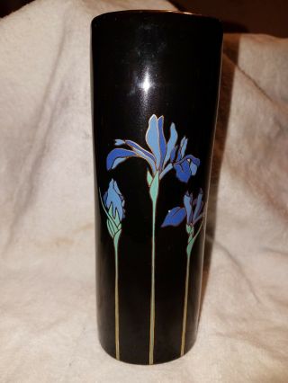 Vintage Japan Otagiri Blue Iris Floral Pattern Vase.  Vivid Blue & Green On Black