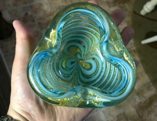 Vintage 4 " Murano Glass Aqua Gold Dust Spiral Swirl Clover Ash Tray