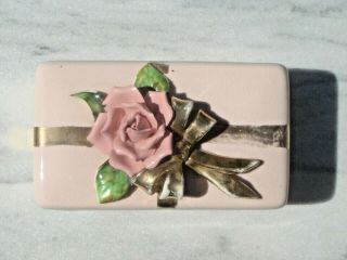 Vintage Lefton Vanity Dresser Trinket Lidded Box Applied Pink Rose & Gold Bow