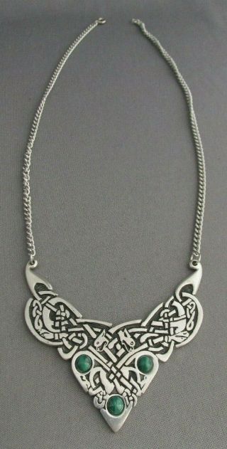 Vintage St.  Justin Pewter Celtic Knot Weave Cabochon Malachite Empress Necklace