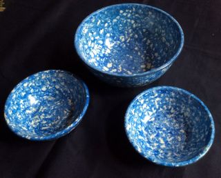 X3 Vintage Stangl Town And Country Blue Spongeware Soup Cereal & Vegetable Bowls