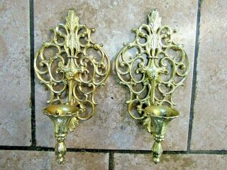 Vintage Mcm Ornate Gold Cast Metal Wall Sconce Candle Holders Hollywood Regency