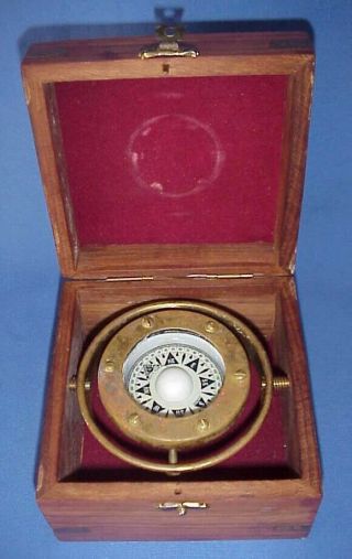 Vintage Nautical Compass C.  Plath Hamburg Germany Wooden Box W/ Inlay Brass