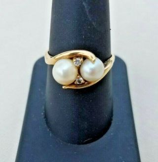 Vintage 10k Solid Yellow Gold Pearl And Diamond Ring Scrap,  Wear Or Sell
