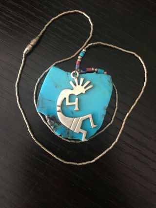 Vintage Native American Flute Kokopelli Turquoise Sterling Silver Necklace 6g