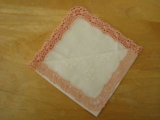 Vintage Salmon Pink Crochet Edged Embroidered Handkerchief Approx.  11 " Square