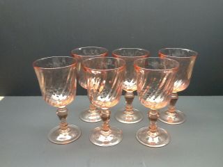 6 Vintage Arcoroc France Pink Swirl Drinking Glasses,  Goblets Stemware