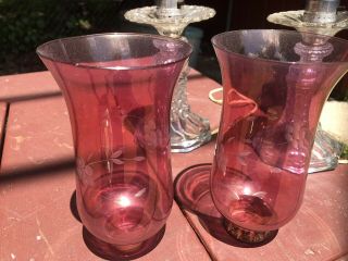 Set Of 2 Vintage Princess House Pink Crystal Heritage Hurricane Globe Lamps