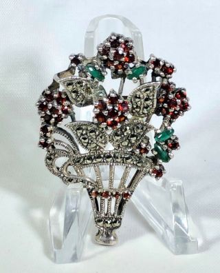 Vintage Sterling Silver Ruby Emerald Marcasite Floral Basket Brooch Pendant Pin