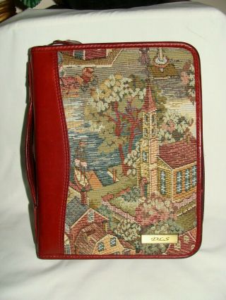 Day - Timer Vintage 1.  75 " Ring Deep Red Leather & Tapestry Planner/binder