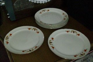 Set 6 Vintage Hall Jewel Tea Autumn Leaf 7 1/4 " Salad Dessert Plates Gold Rims