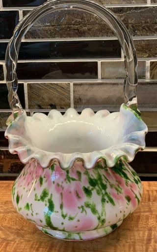 Vintage Fenton Art Glass Vasa Murrhina Rose Adventurine Green Handled Basket