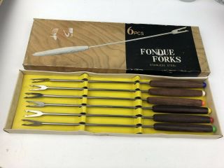 Vintage Set Of 6 Wood Handle Color Coded Fondue Forks Stainless 1960s