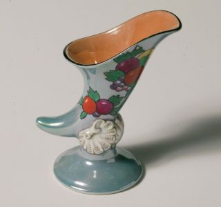 Vintage Art Deco Noritake Small Cornucopia Vase - Green Luster W/ Fruit & Shells