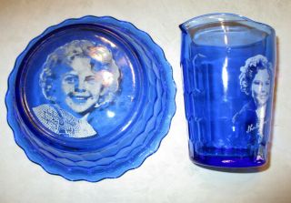 Vintage Shirley Temple Cereal Bowl & Pitcher Cobalt Blue Hazel Atlas Glass