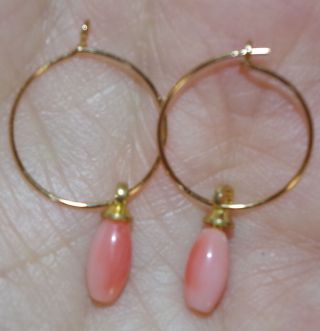 Vintage 14k Gold Filled 13 Mm Small Angel Skin Coral Oval Drop Hoop Earrings