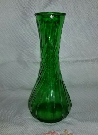 Vintage Hoosier Emerald Green Glass Flower Bud Vase Small Ribbed Swirl