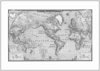 Vintage World Map Poster Art Print Black & White Card Or Canvas