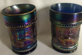 Peacock At The Fountain Blue Carnival Glass Tumblers Renninger Northwood Vintage
