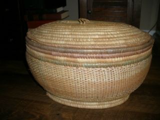 Vtg Large Hand Woven Coil Native Sweet Grass Basket Lid And Handles 20x16x11 "