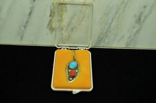 Vintage Handmade Southwestern Sterling Silver Turquoise & Coral Pendant