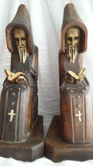 Handcarved Wooden Gothic Bookends Monk Priest Rosary Vintage Bible Hooded 8 "